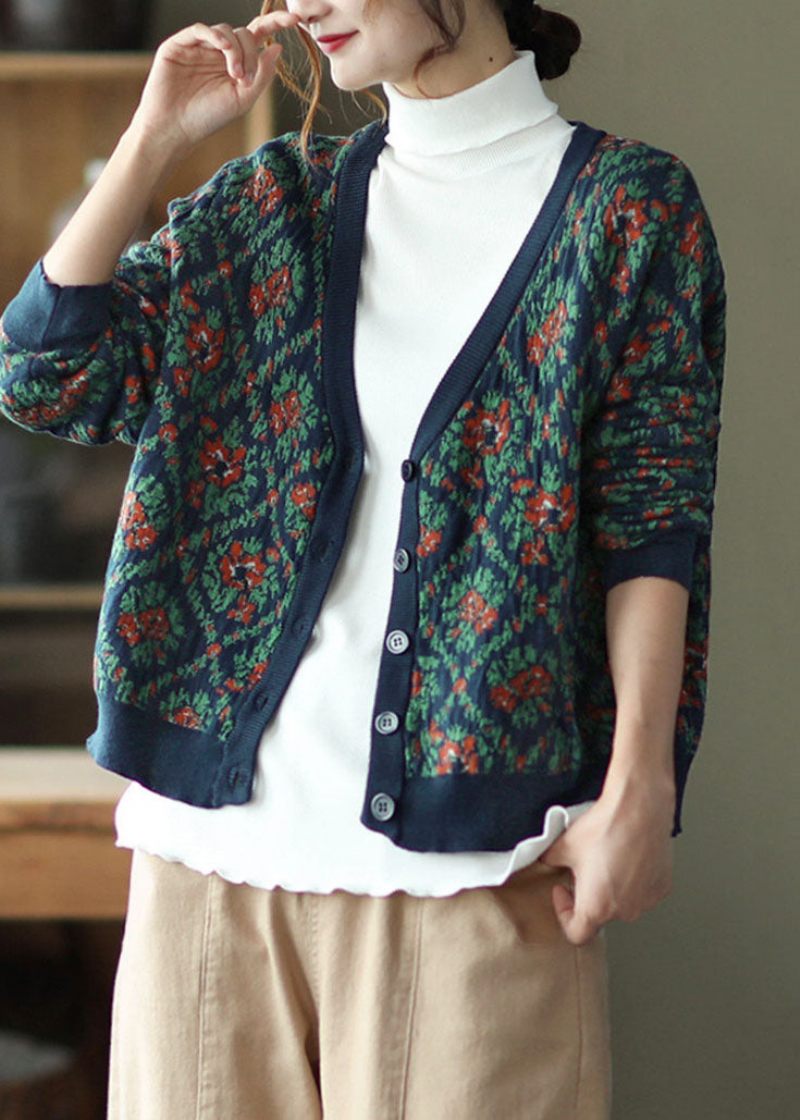 Bohemian Navy V Neck Print Strik Cardigan Winter - Dame cardigans