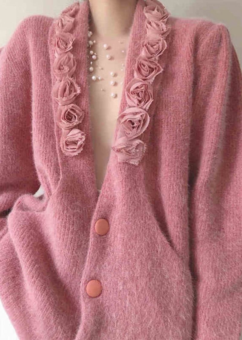 Bohemian Pink V-hals Knap Patchwork Strikket Bomuld Frakke Fall - Dame cardigans