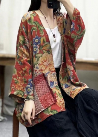 Bohemian Print V-halslommer Bomuld Cardigans Batwing Sleeve