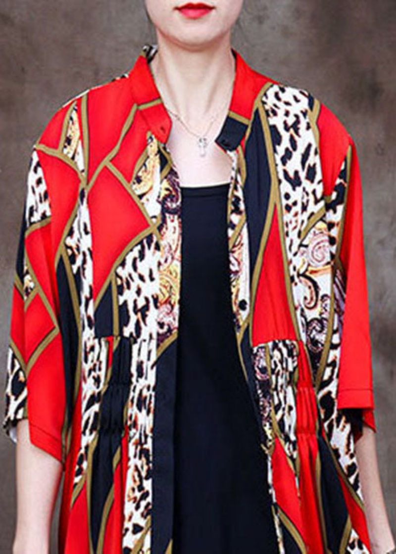 Bohemian Rød Stand Krave Leopard Print Chiffon Lange Cardigans Sommer - Dame cardigans