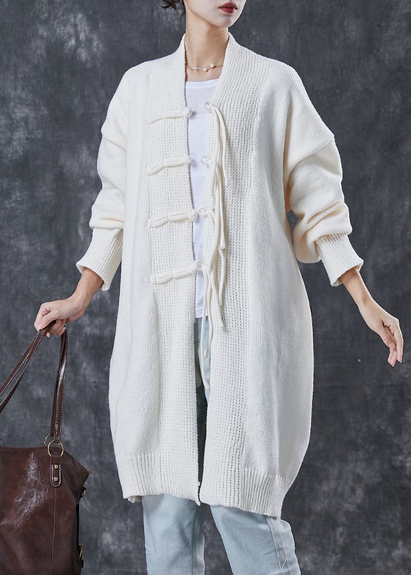 Bohemian White Oversized Kinesisk Knap Strik Cardigans Forår