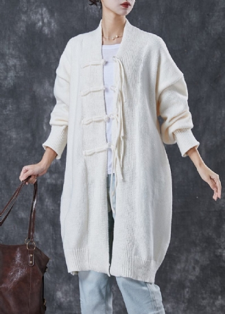 Bohemian White Oversized Kinesisk Knap Strik Cardigans Forår