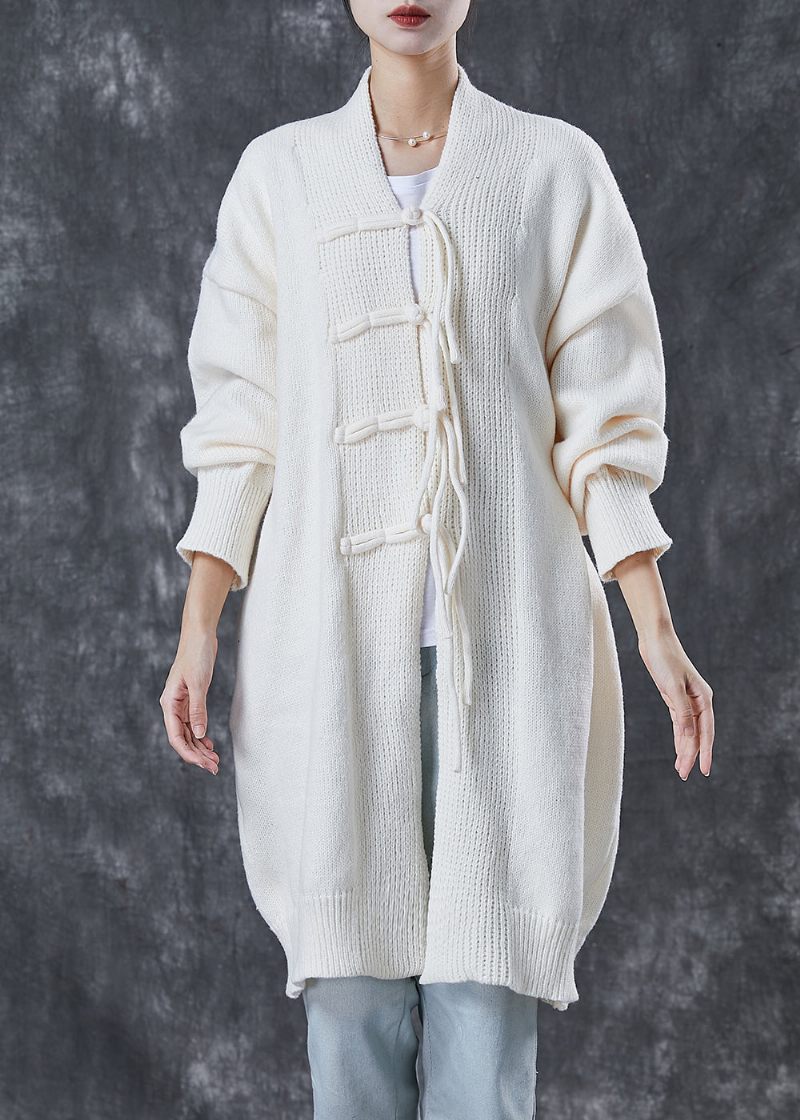 Bohemian White Oversized Kinesisk Knap Strik Cardigans Forår - Dame cardigans