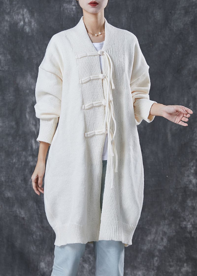 Bohemian White Oversized Kinesisk Knap Strik Cardigans Forår - Dame cardigans