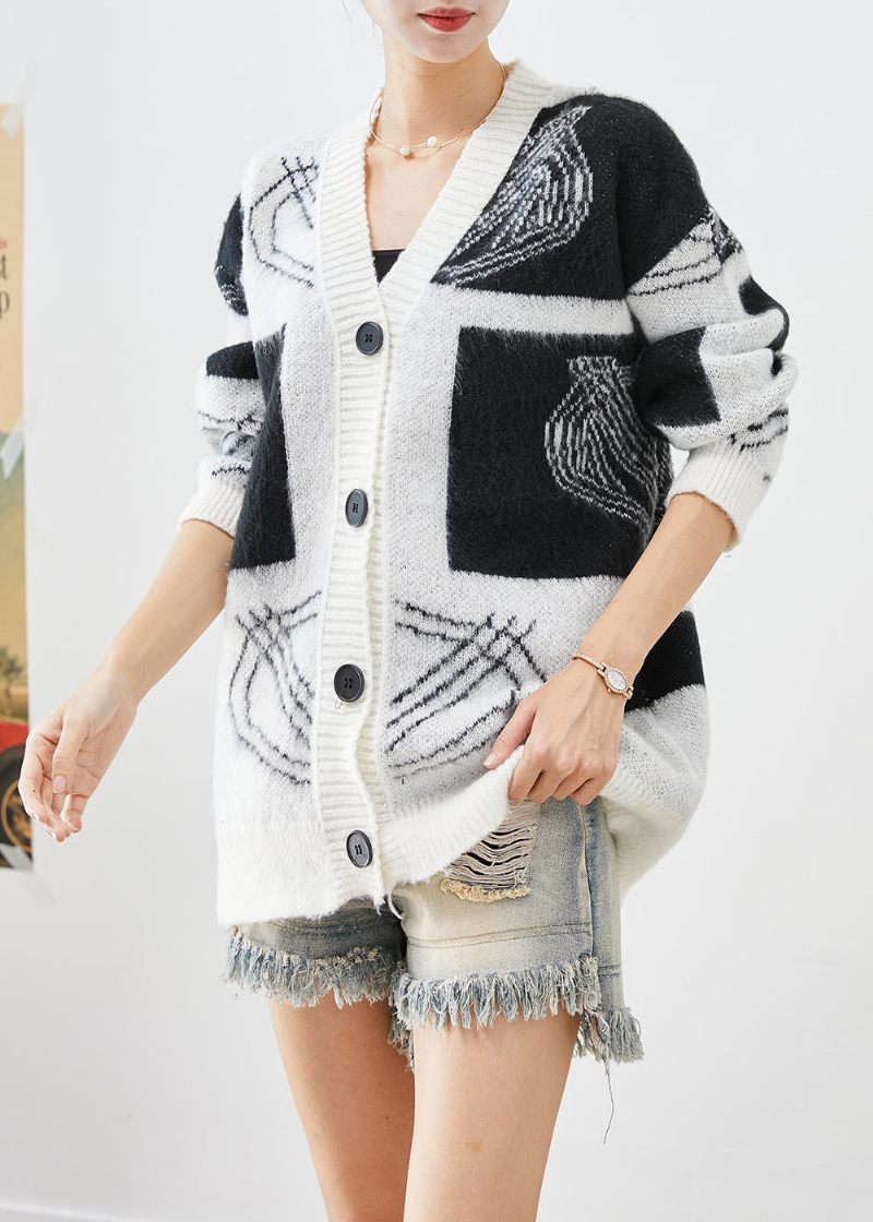 Bohemian White Oversized Print Button Down Strik Cardigans Fall - Dame cardigans