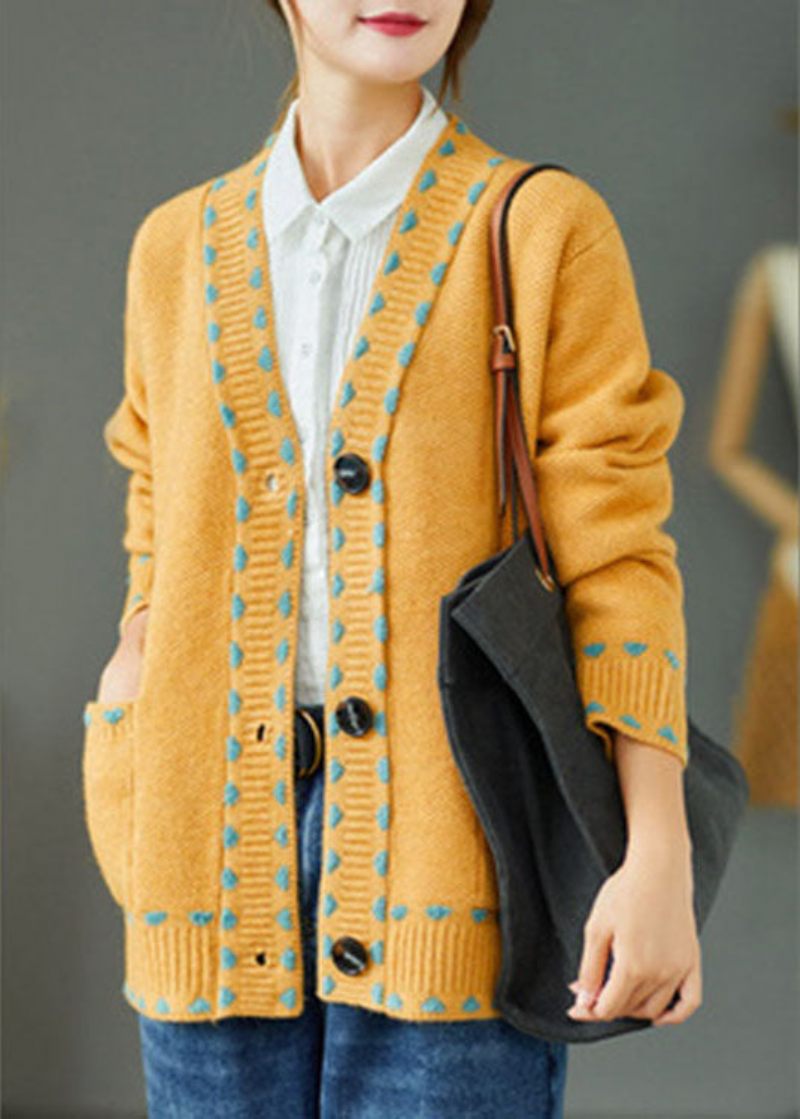 Bohemian Yellow Loose Button Lommers Fall Strik Sweater Coat