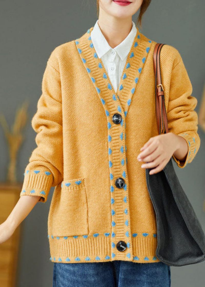 Bohemian Yellow Loose Button Lommers Fall Strik Sweater Coat - Dame cardigans