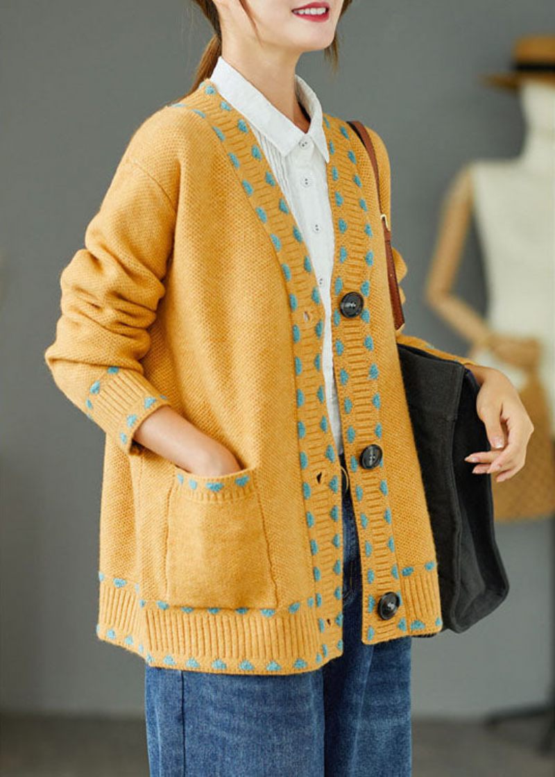 Bohemian Yellow Loose Button Lommers Fall Strik Sweater Coat - Dame cardigans