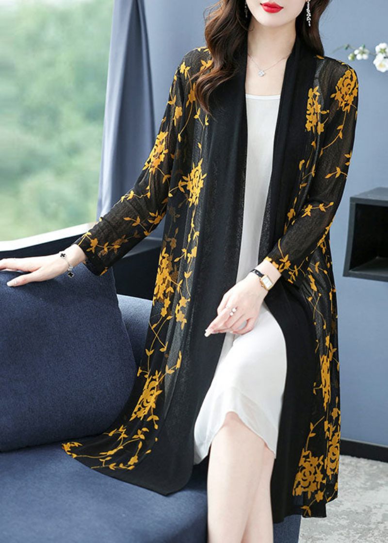 Bohemian Yellow V-hals Print Long Ice Størrelse Chiffon Cardigans Sommer