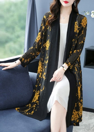 Bohemian Yellow V-hals Print Long Ice Størrelse Chiffon Cardigans Sommer