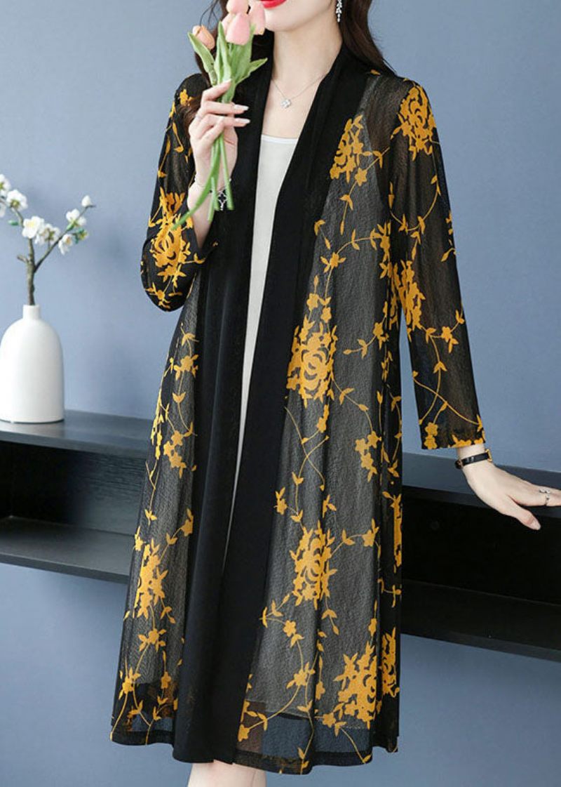 Bohemian Yellow V-hals Print Long Ice Størrelse Chiffon Cardigans Sommer - Gul