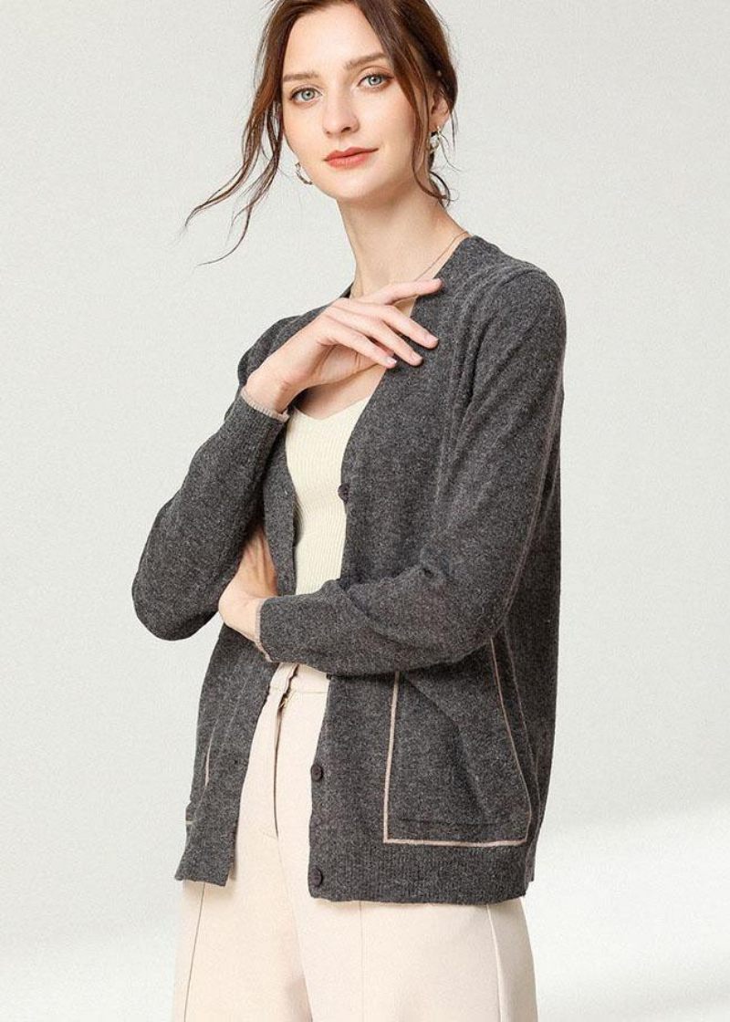 Boho Black Knit Button Langærmet Cardigan - Kaki