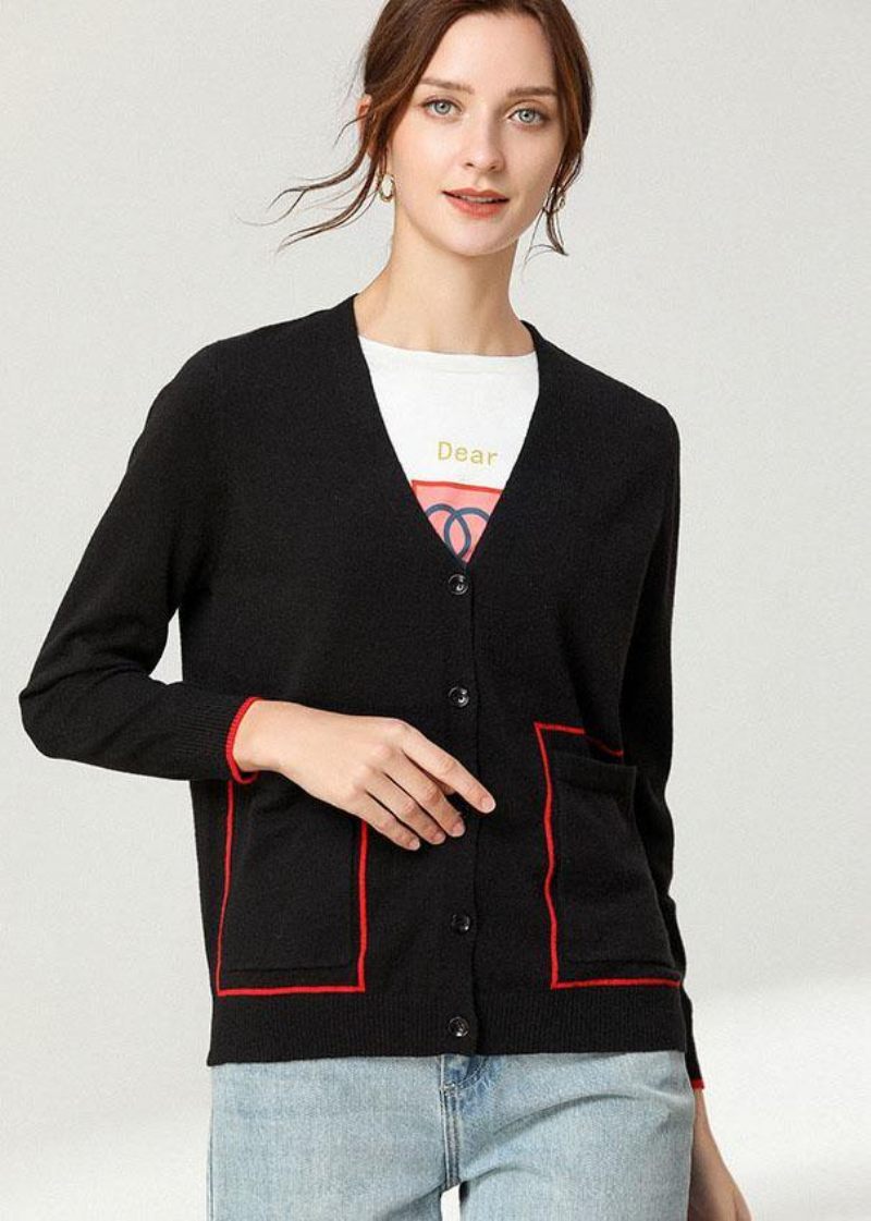 Boho Black Knit Button Langærmet Cardigan - Kaki