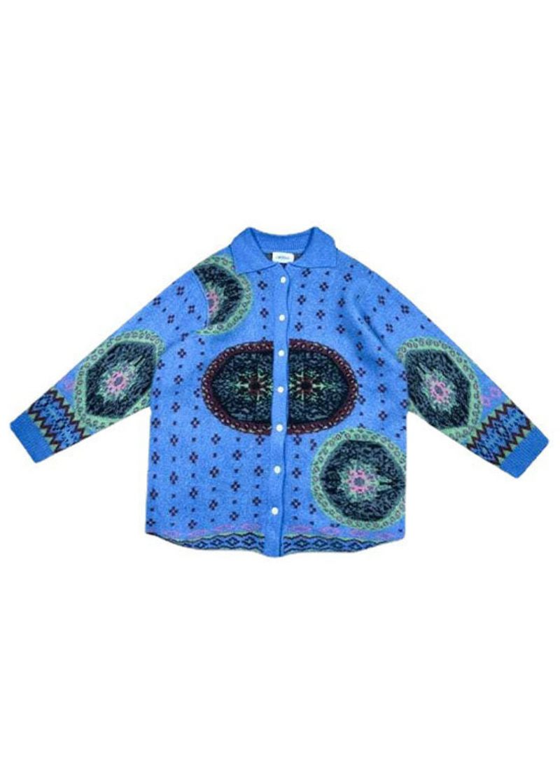 Boho Blue Sød Retro Knaptryk Efterårsstrikket Sweaterfrakke - Blå