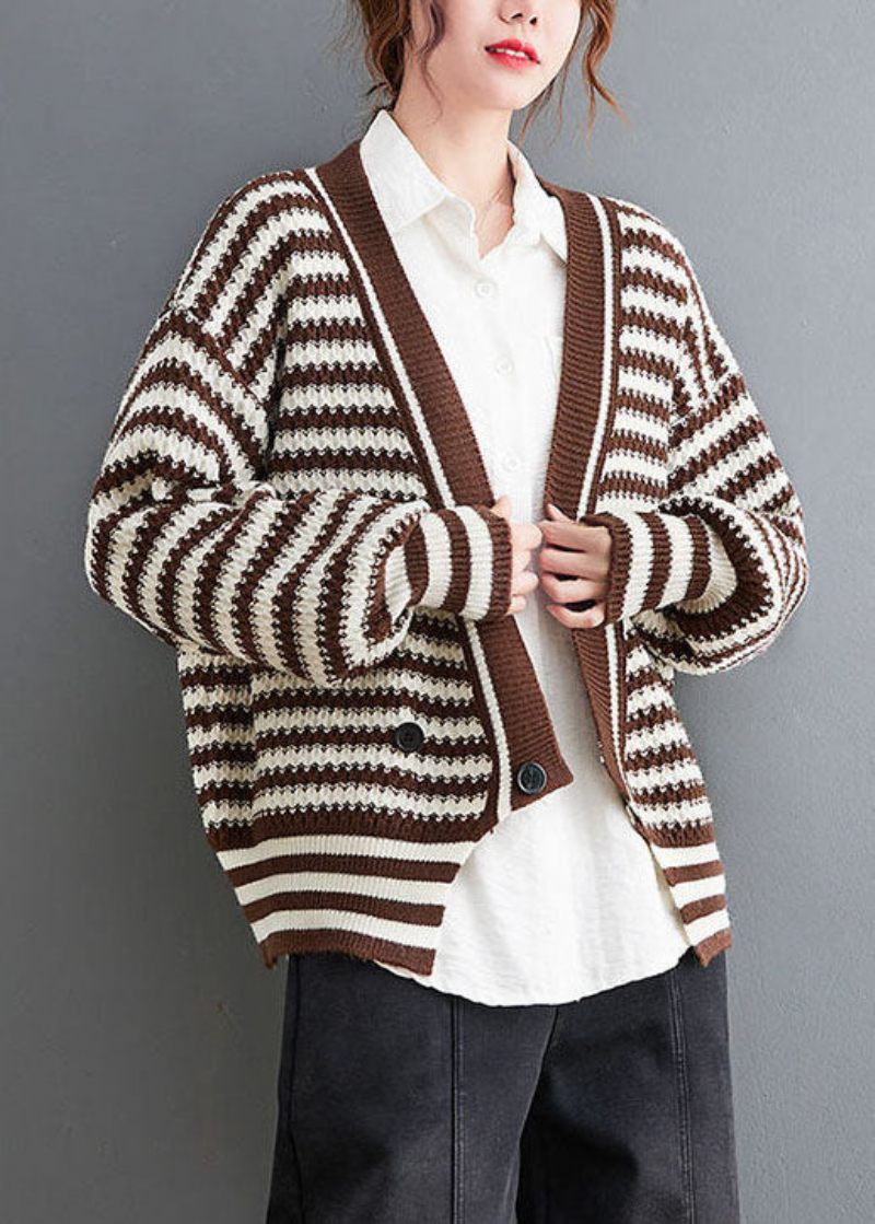 Boho Chokolade V-hals Stribet Cozy Knit Coat Outwear Spring - Dame cardigans