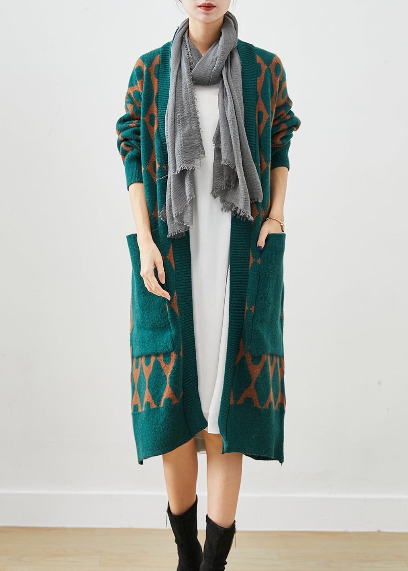 Boho Green Oversized Patchwork Lommer Strik Cardigan Fall