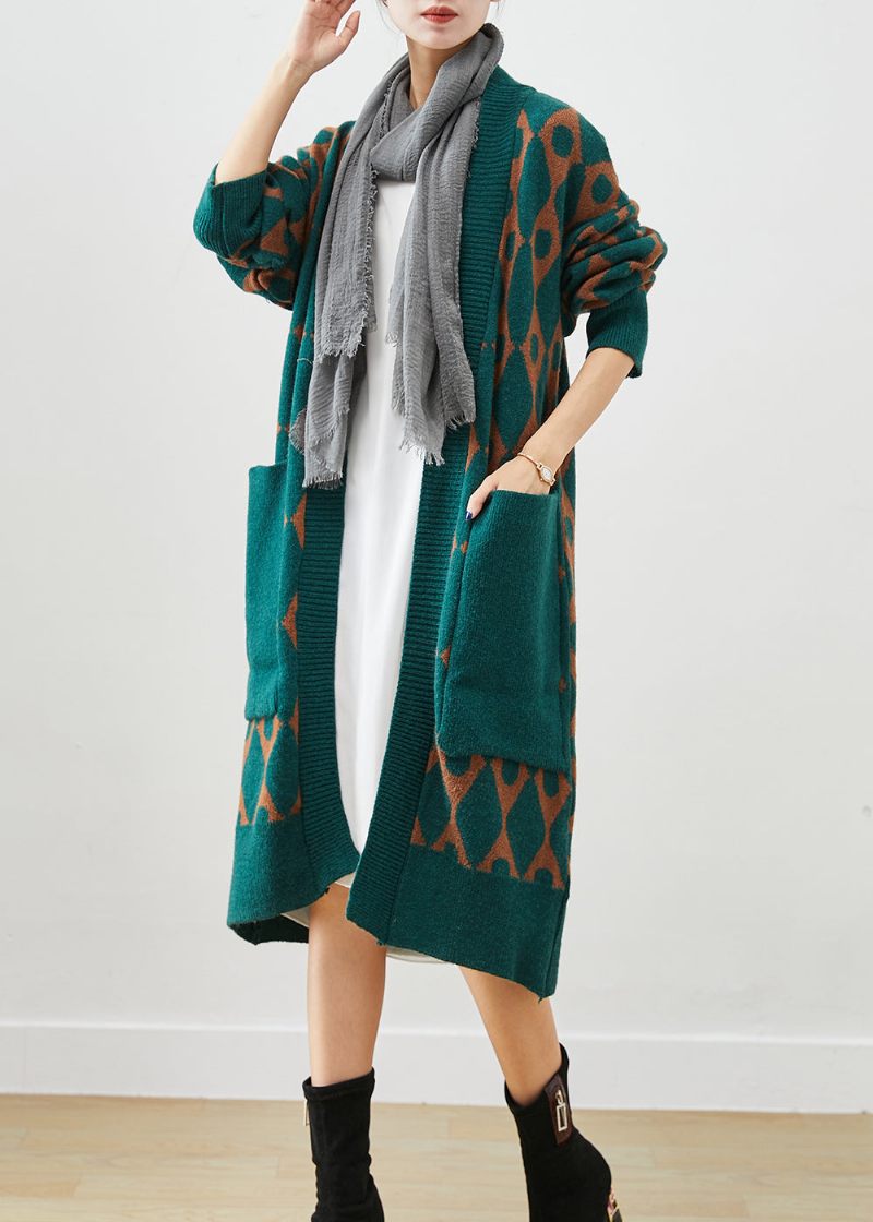 Boho Green Oversized Patchwork Lommer Strik Cardigan Fall - Dame cardigans