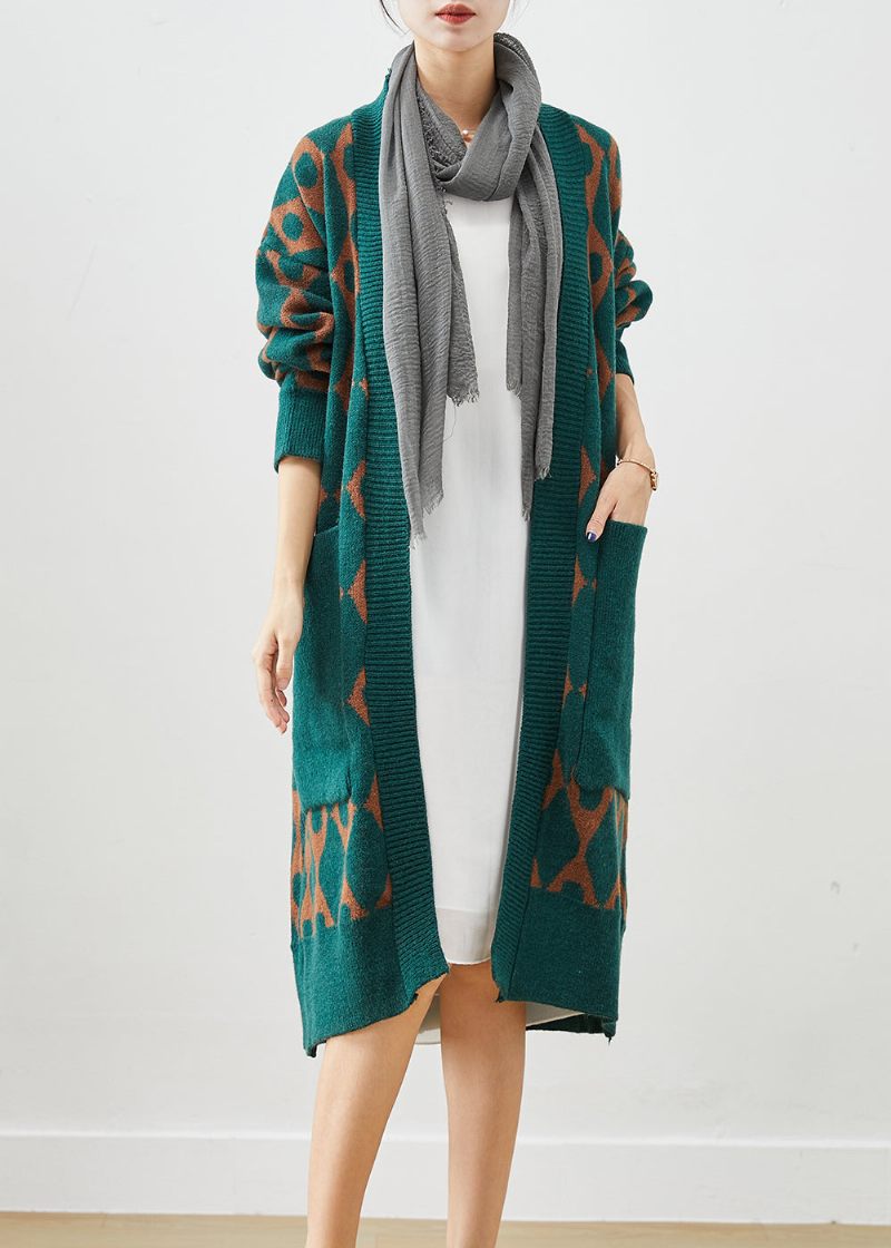 Boho Green Oversized Patchwork Lommer Strik Cardigan Fall - Dame cardigans