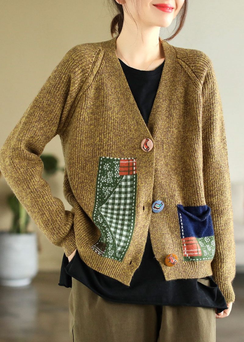 Boho Gul V-hals Patchwork Applikation Strik Cardigans Vinter