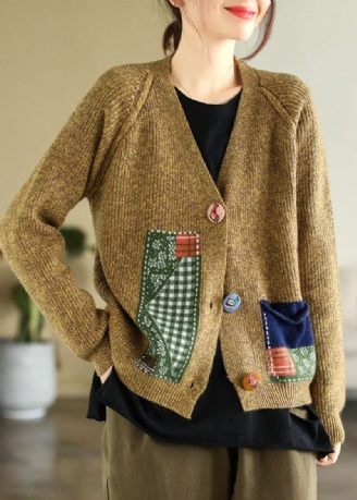 Boho Gul V-hals Patchwork Applikation Strik Cardigans Vinter