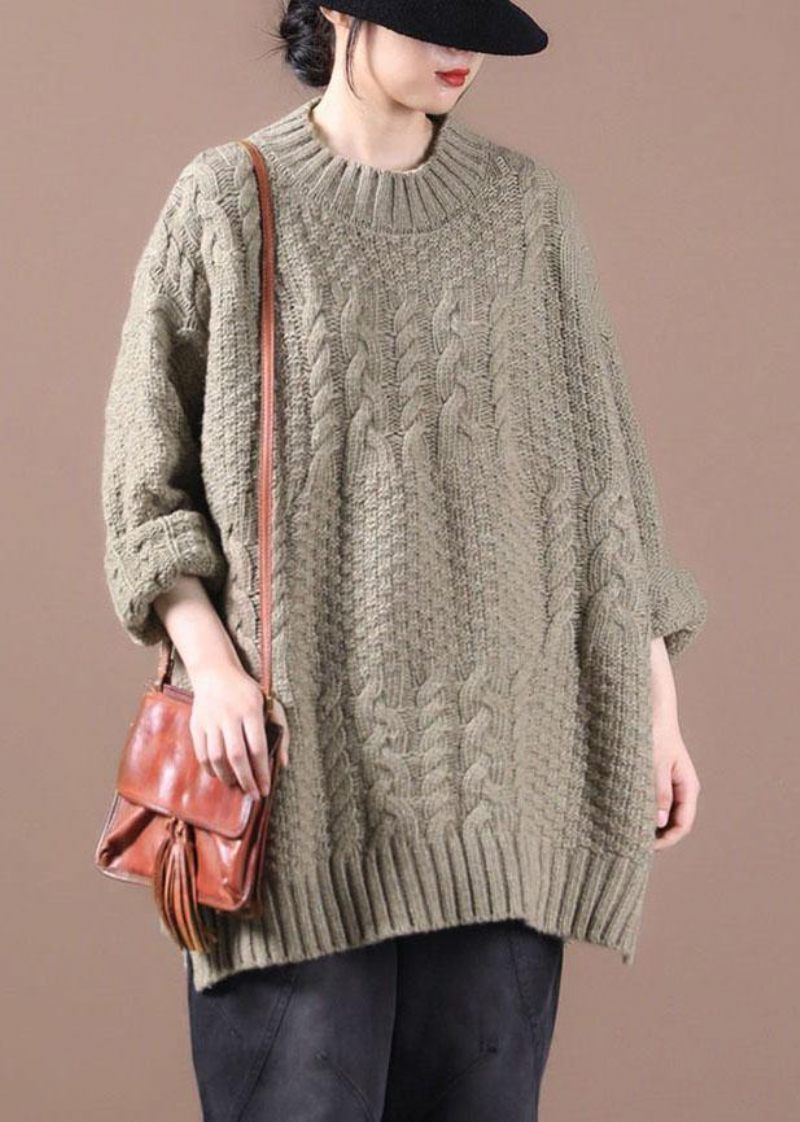 Boho Khaki Løs Kabelstrik Fall Long Knit Top