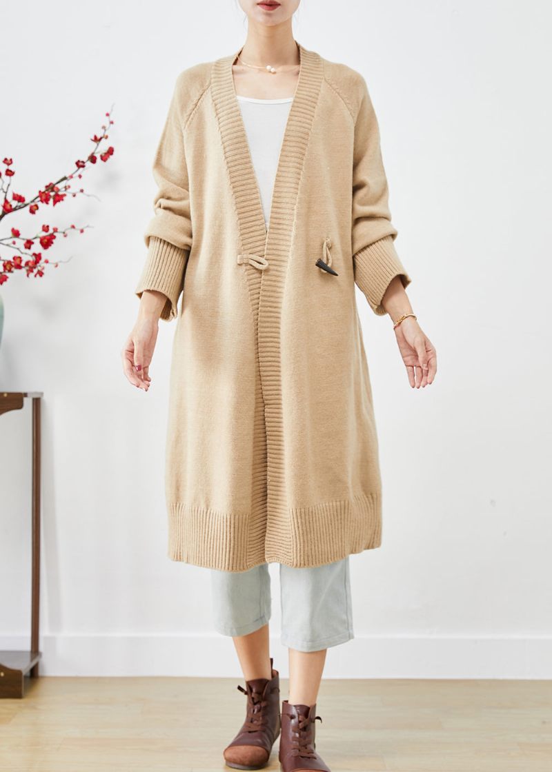 Boho Light Camel Oversized Horn Button Strik Løs Coat Fall