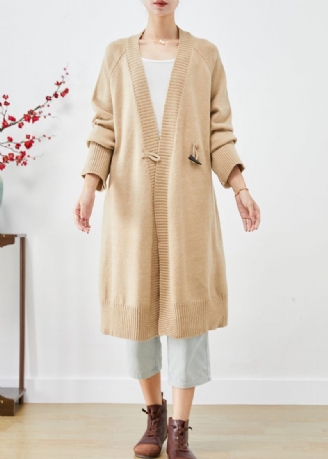 Boho Light Camel Oversized Horn Button Strik Løs Coat Fall