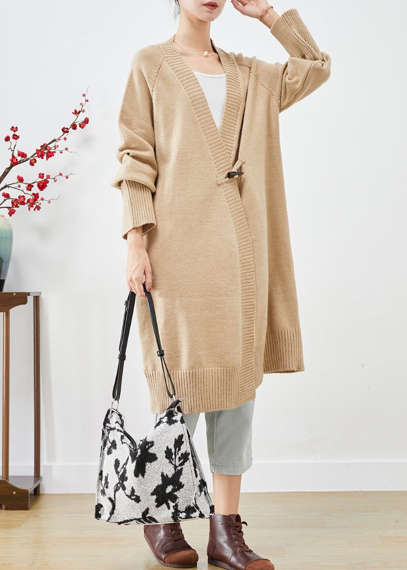 Boho Light Camel Oversized Horn Button Strik Løs Coat Fall - Dame cardigans