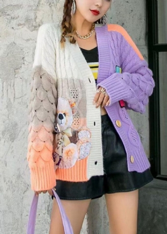 Boho Purple Loose Casual Patchwork Efterårsfrakke Sweater