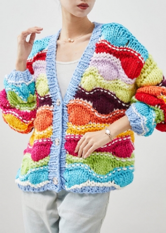 Boho Rainbow Oversized Patchwork Strik Cardigan Forår