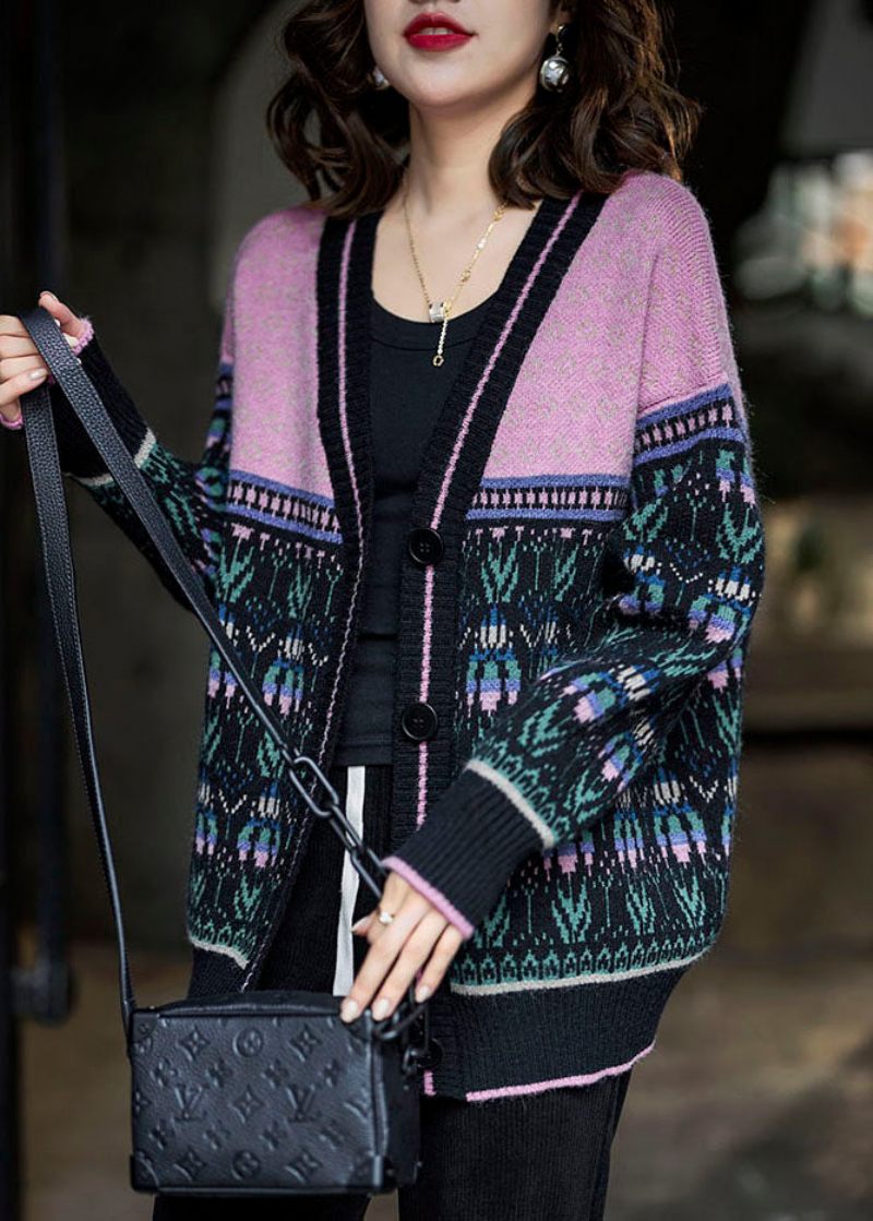 Boho Sort Pink Oversized Patchwork Lazy Knit Cardigan Winter