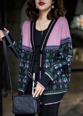 Boho Sort Pink Oversized Patchwork Lazy Knit Cardigan Winter