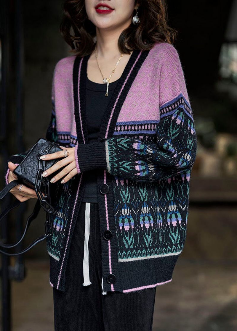 Boho Sort Pink Oversized Patchwork Lazy Knit Cardigan Winter - Dame cardigans