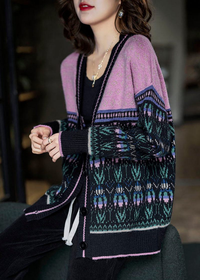 Boho Sort Pink Oversized Patchwork Lazy Knit Cardigan Winter - Dame cardigans