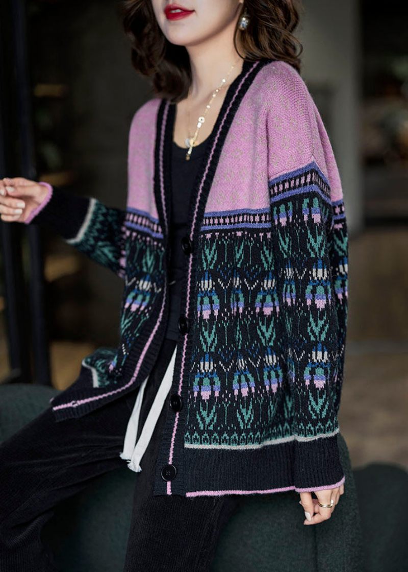 Boho Sort Pink Oversized Patchwork Lazy Knit Cardigan Winter - Dame cardigans