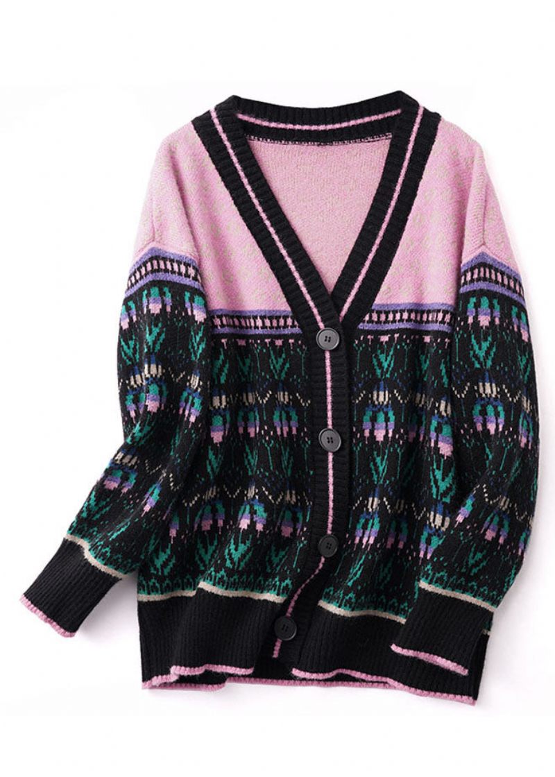 Boho Sort Pink Oversized Patchwork Lazy Knit Cardigan Winter - Dame cardigans