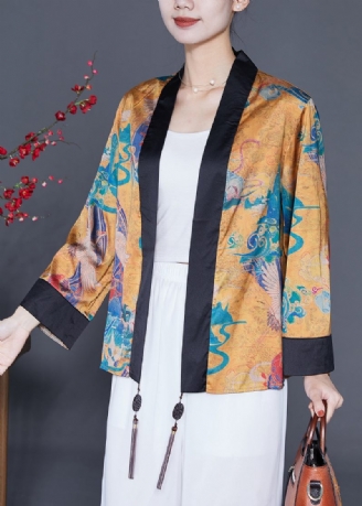 Boho Yellow Oversized Patchwork Kvast Silke Loose Coat Sommer