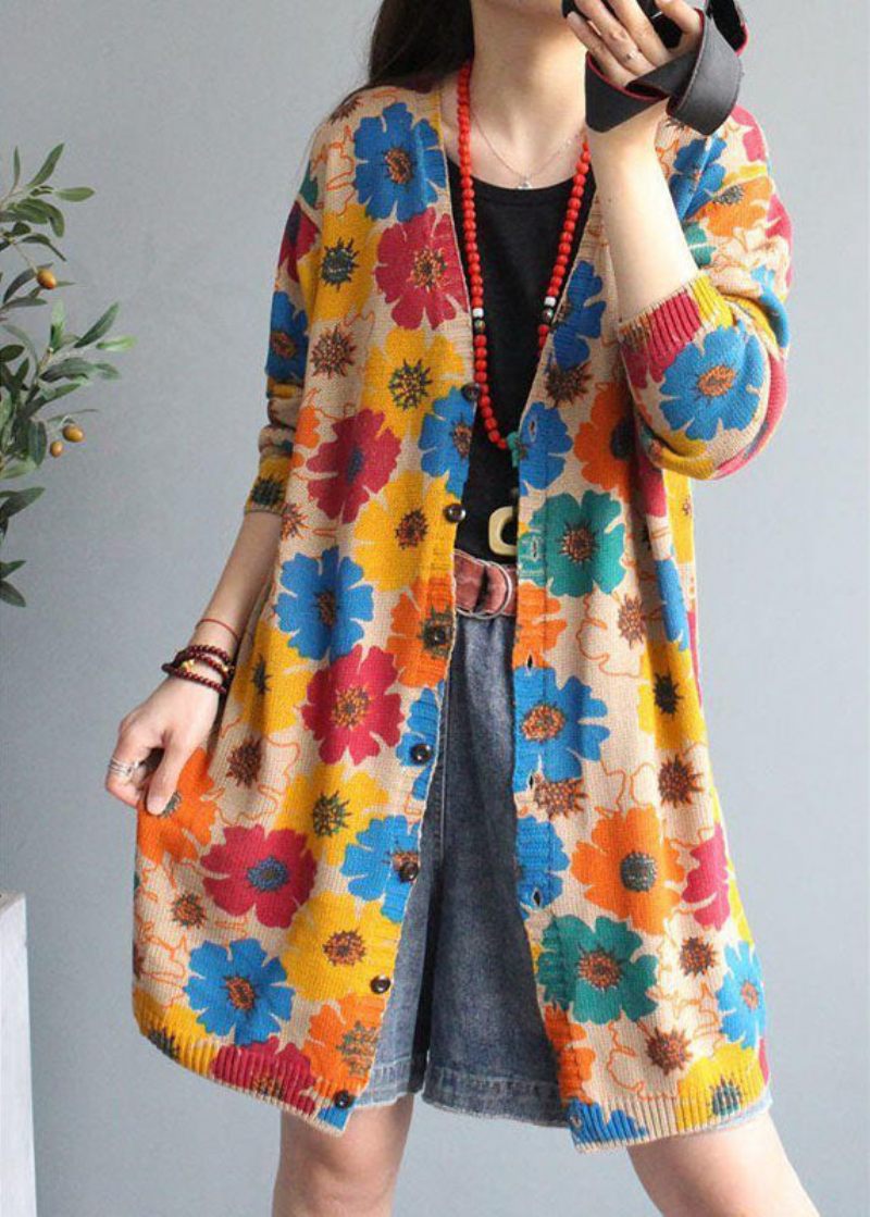 Boutique Abrikos V-hals Print Button Fall Strik Cardigan Langærmet - Dame cardigans