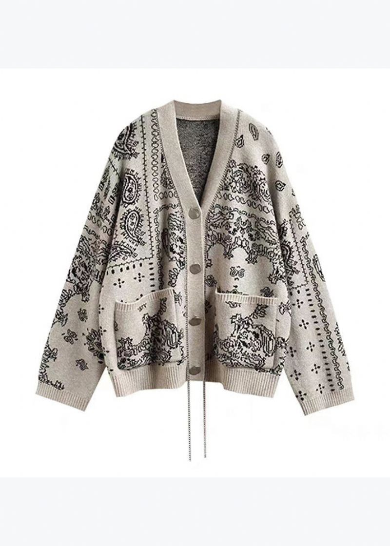 Boutique Abrikos V-halslommer Print Strik Cardigans Spring - Dame cardigans