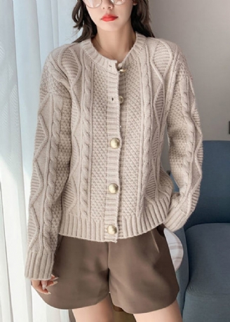 Boutique Beige O-hals Knap Kabel Strik Cardigan Fall