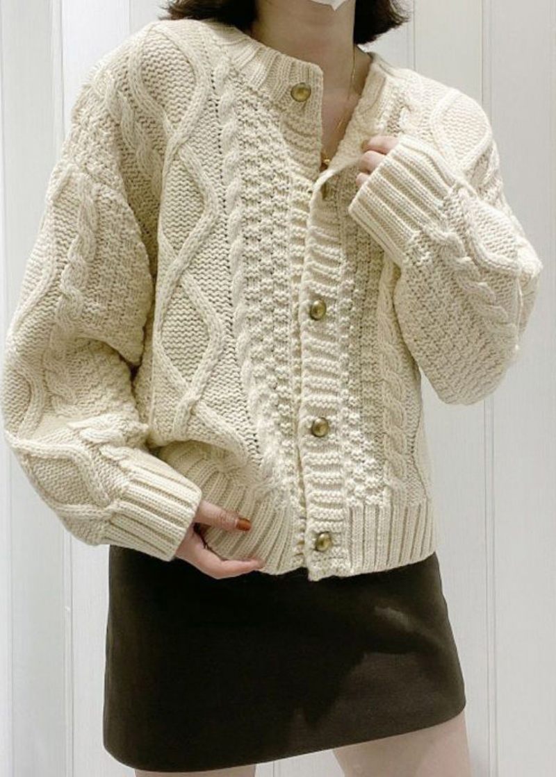 Boutique Beige O-hals Knap Kabel Strik Cardigan Fall - Beige