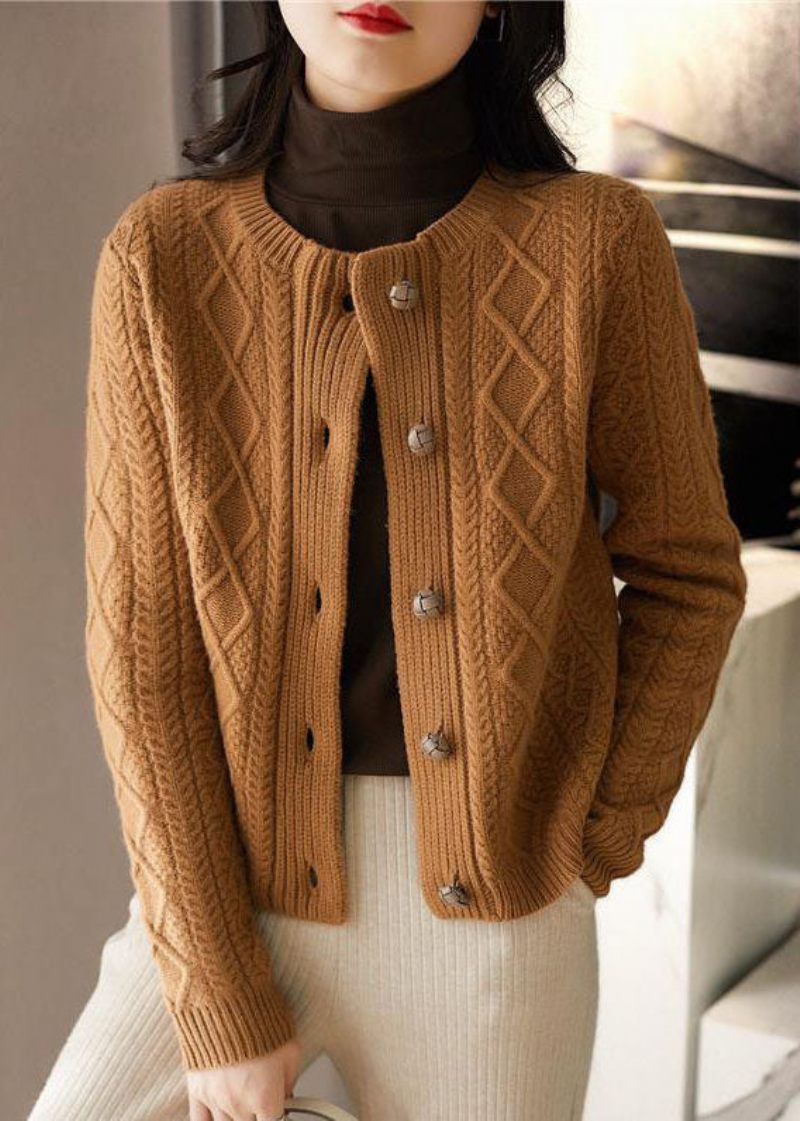 Boutique Chokolade O-hals Knap Tyk Kabel Strik Cardigans Vinter - Dame cardigans