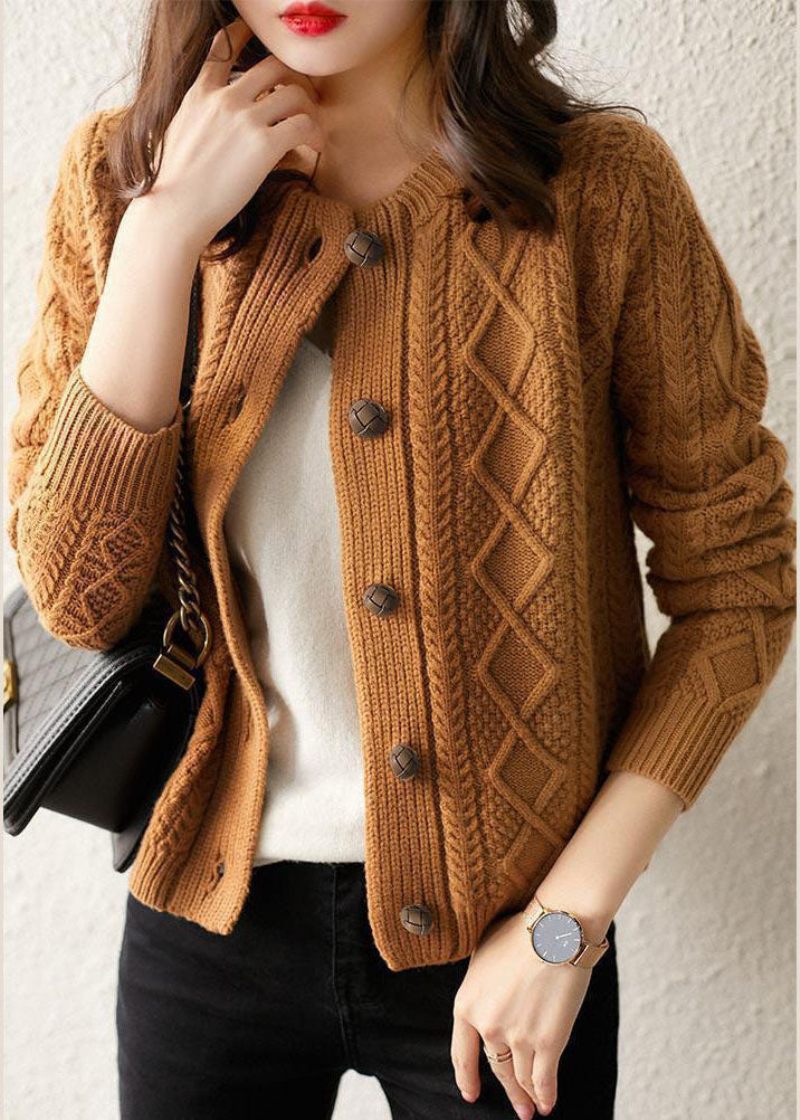 Boutique Chokolade O-hals Knap Tyk Kabel Strik Cardigans Vinter - Dame cardigans