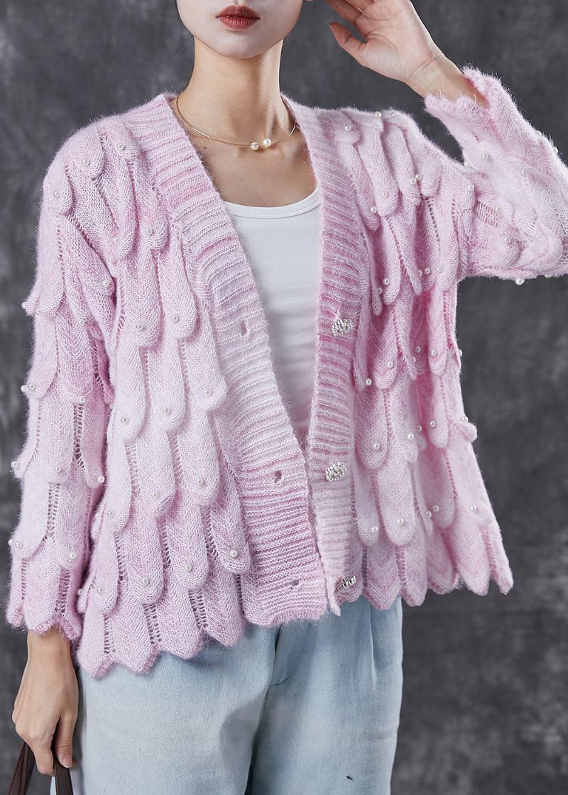 Boutique Pink V-hals Nail Bead Strik Cardigan Spring - Dame cardigans