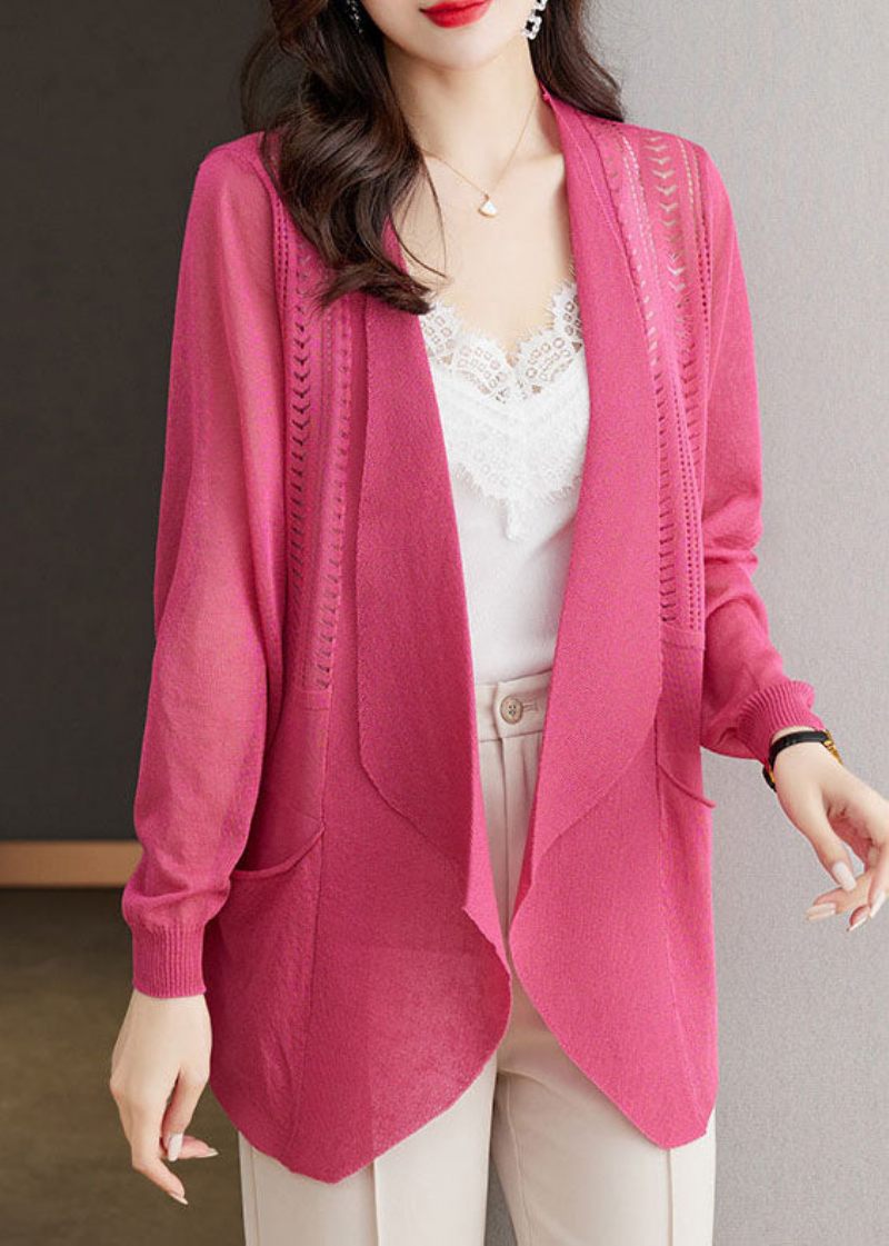 Brief Rose Notched Lommer Ice Size Strik Cardigans Sommer - Rose