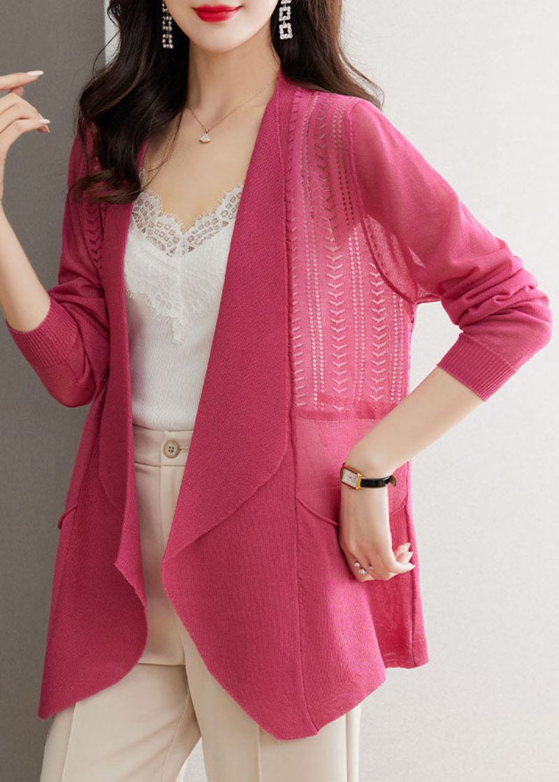 Brief Rose Notched Lommer Ice Size Strik Cardigans Sommer - Rose