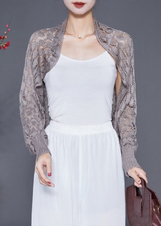 Brown Hollow Out Knit Loose Coat Batwing Sleeve