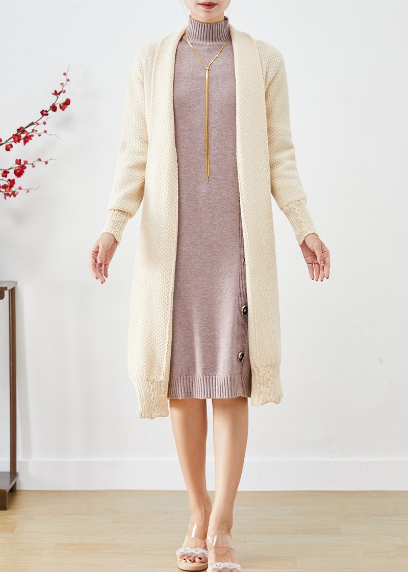 Casual Beige Oversized Cashmere Strik Lange Cardigans Efterår