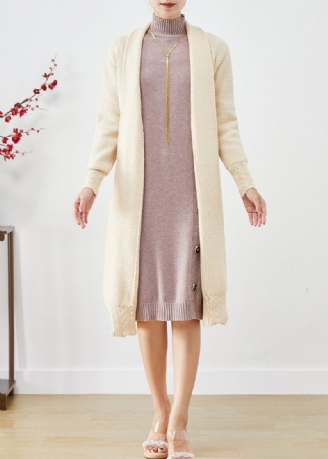 Casual Beige Oversized Cashmere Strik Lange Cardigans Efterår