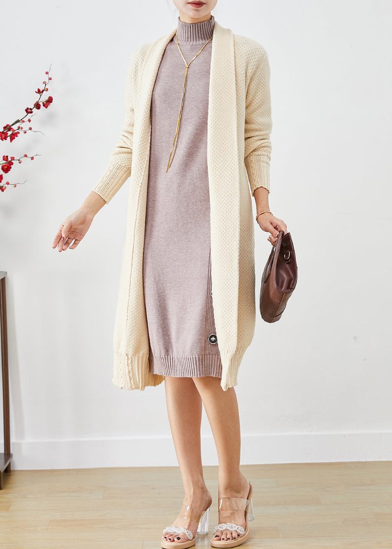 Casual Beige Oversized Cashmere Strik Lange Cardigans Efterår - Dame cardigans